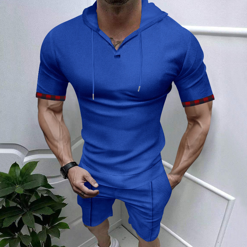 Men's Waffle Knit Hooded T-Shirt And Shorts Set - Summer Athletic Casual Short Sleeve Outfit_viptrois.com