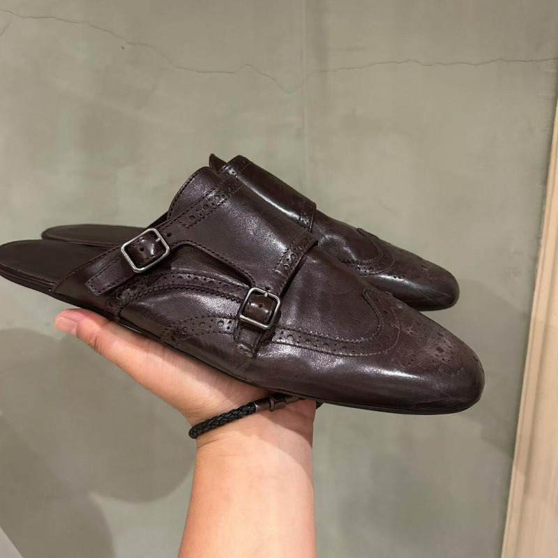 Sheepskin~Carved Korean-Style Baotou Slippers for Women, Summer Outer Wear Half-Mule Shoes, Slip-On Loafers, Sandals and Slippers