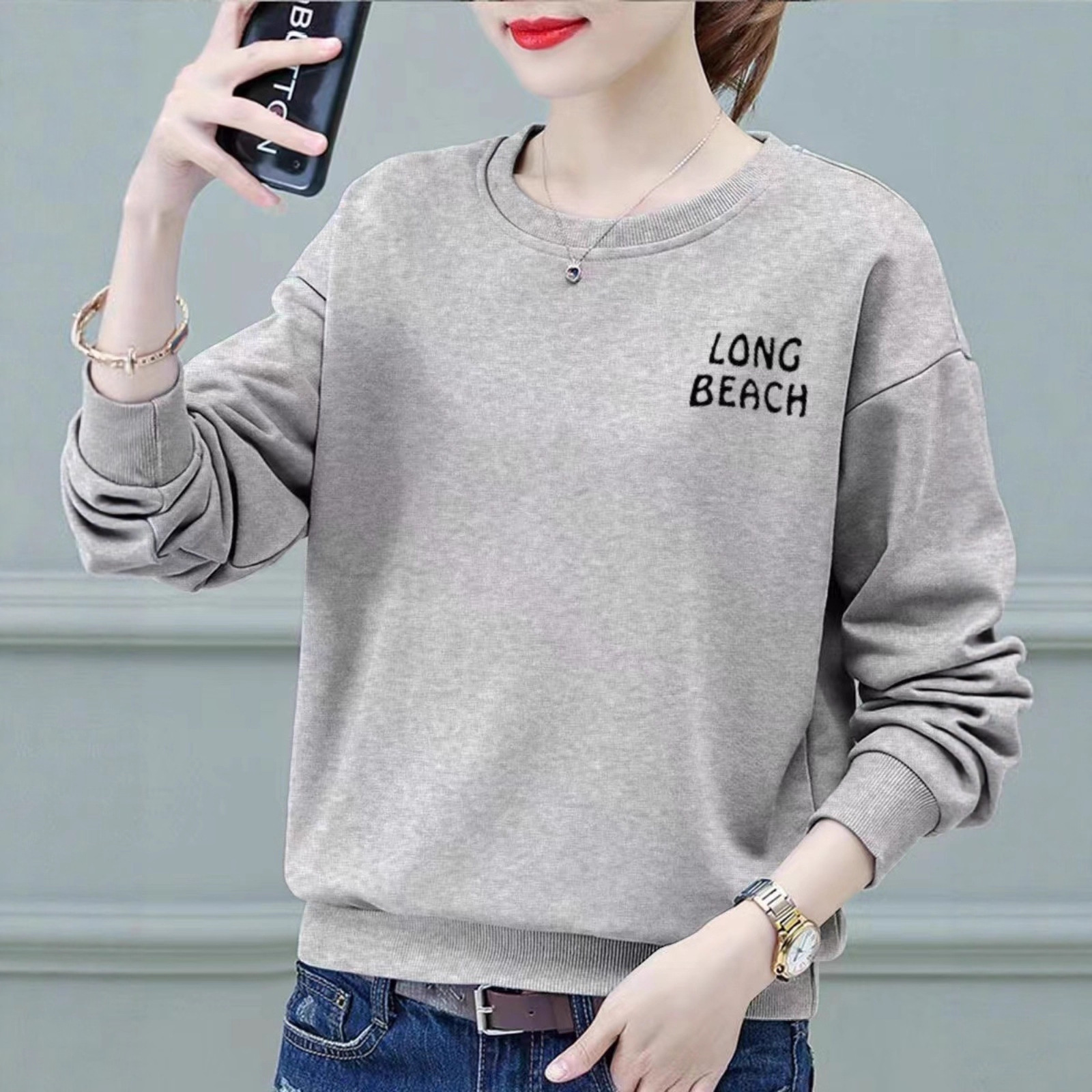 含棉圆领卫衣女春秋薄款2024新款ins潮韩版宽松百搭早秋上衣外套