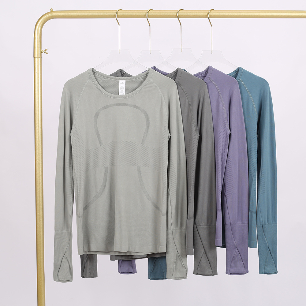 Lulu 2.0 (with Logo) Long-Sleeved Sports Yoga T-Shirt, Round Neck, Sweat-Absorbent Tight-Fitting Clothing for Running and Fitness