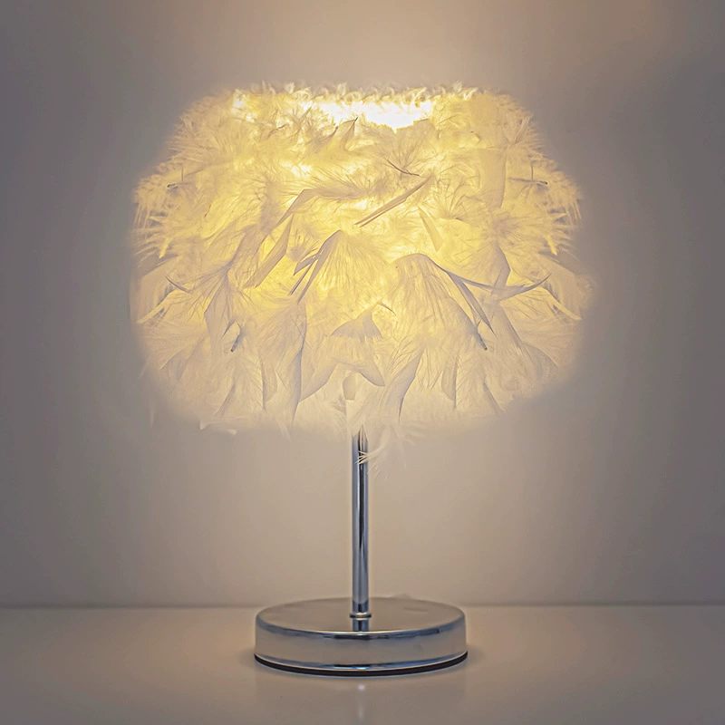 Table Lamp Feather Bedside Lantern, USB Rechargeable 1500 mAh, Touch Dimming, Wood Base