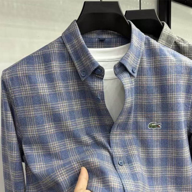 Spring and Autumn Style Laste French Crocodile I Fish 100% Cotton Long-Sleeved Plaid Flannel Shirt Men's Fine Plaid Shirt