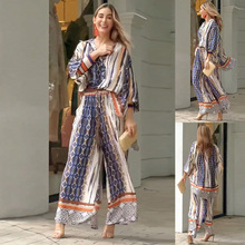 2023欧美跨境秋季新款印花套装宽松长款上衣裤子两件套装女
