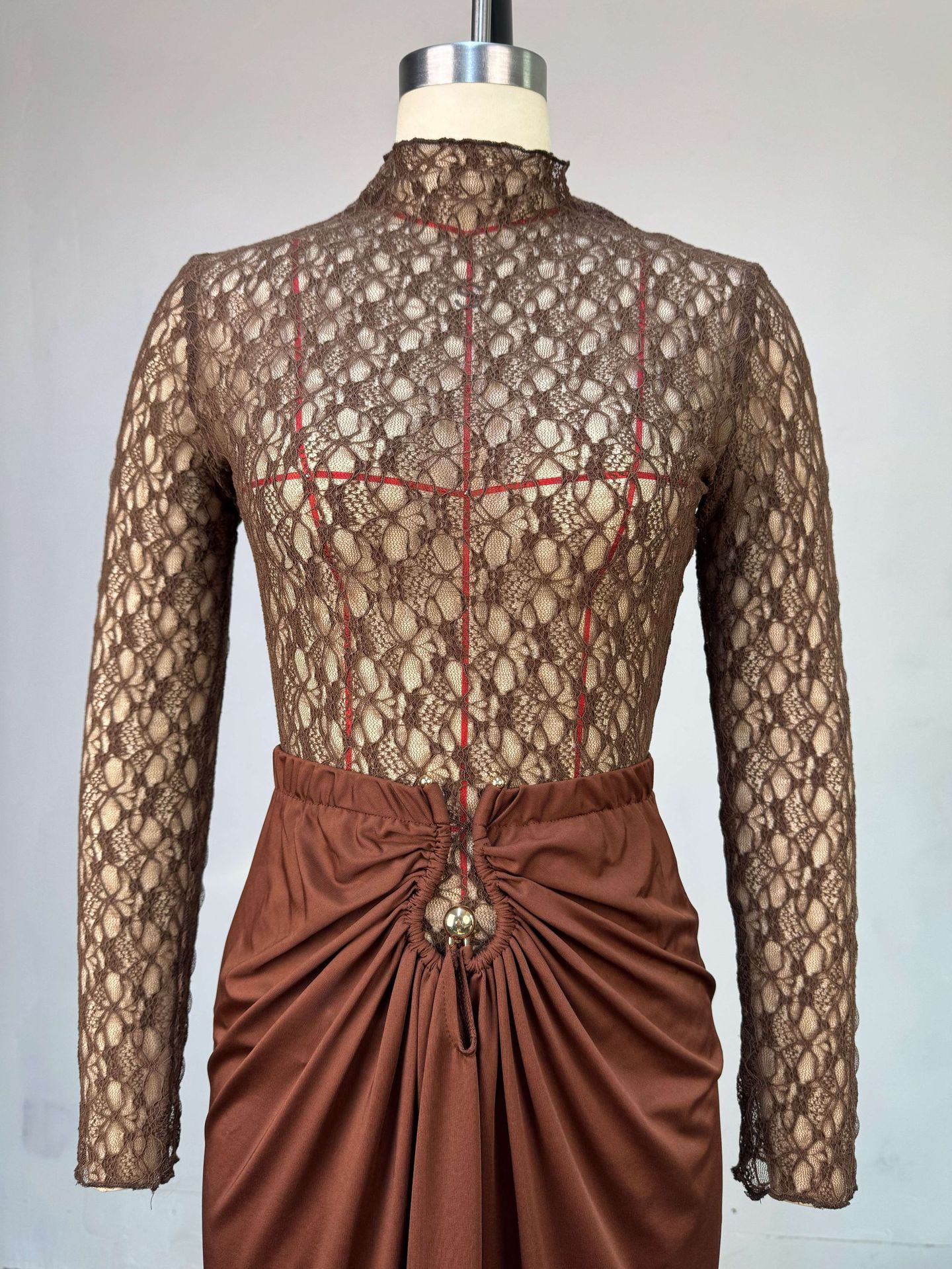 Women's Long-sleeve Lace Blouse And High-waist Pencil Skirt Set_voghion.com