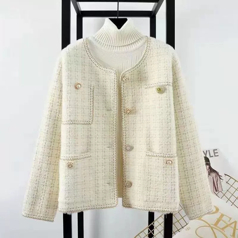 Женский твидовый кардиган‑жакет для осени, в стиле Chanel, круглый вырез, длинный рукав, чёрный/белый