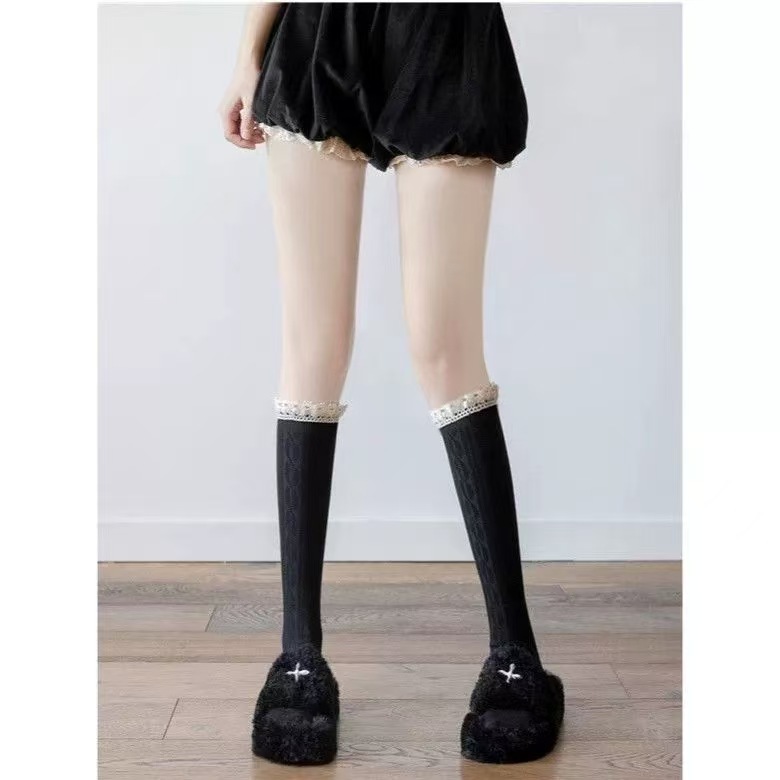 Puro estilo universitario de encaje sobre la rodilla calcetines sexy de mujer de pierna larga retro costura Medias calcetines de punto Otoño e Invierno Princesa