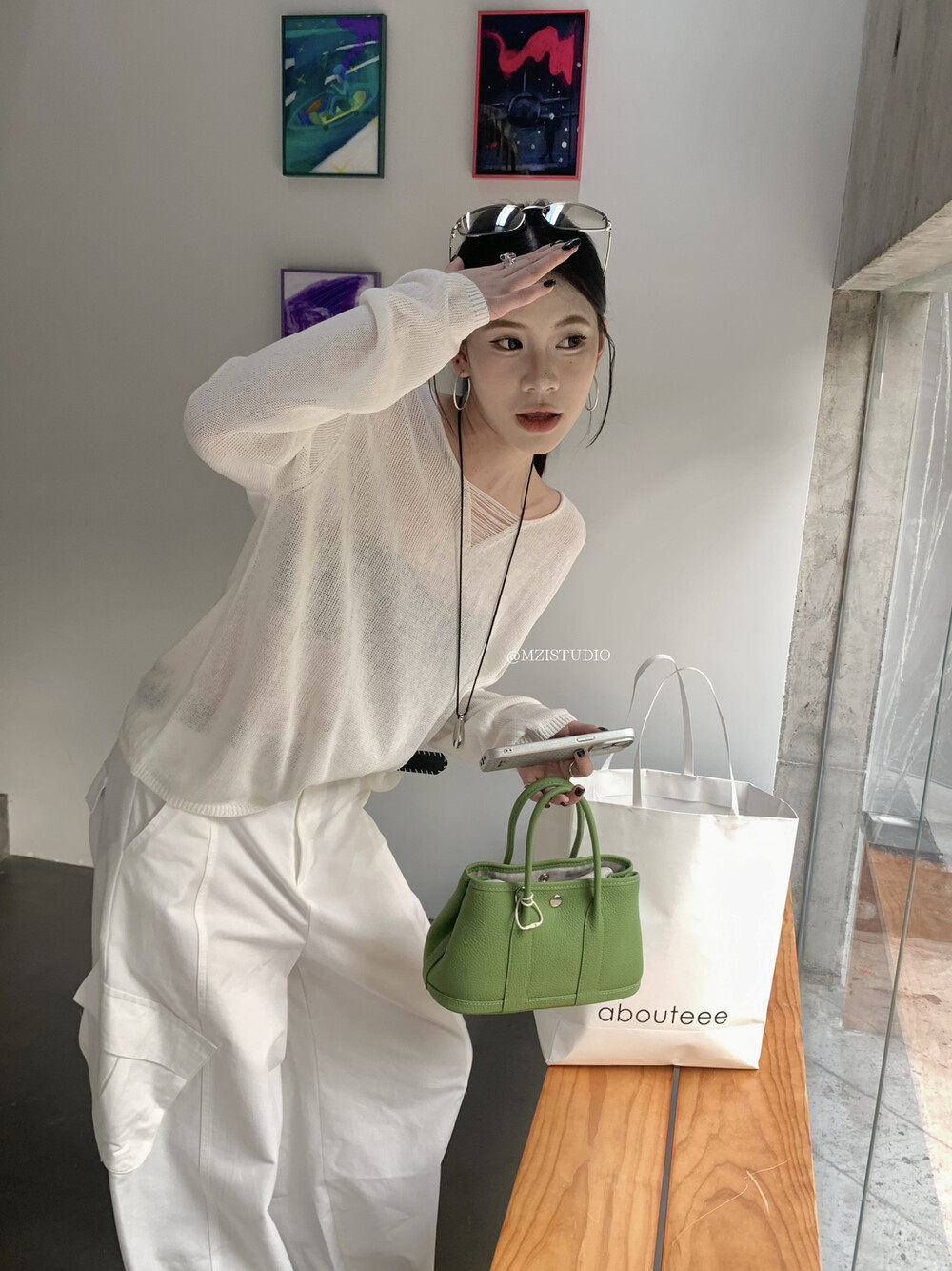 Áo len cổ lọ nữ MEI STUDIO thiết kế họa tiết rỗng, tay dài, dáng rộng, cổ V — Xanh cà phê, trắng ngà, xám nhạt, Hồng quế chi tiết 15