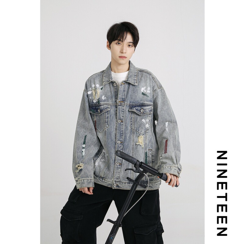Cross-Border Tie-Dye Ripped Denim Jacket for Men, New Autumn Style, Loose Fit, Bf High Street, College Style, Couple's Jacket, Cool and Stylish