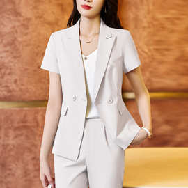 2023年春装新款短袖西装套装女式职业装米白色西服办公室文员工装