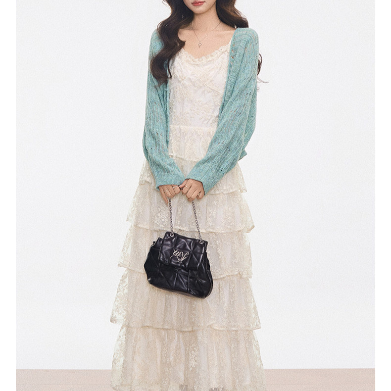 New Product Westayone Mint Green Sweater Cardigan + Lace Cake Suspender Dress for Women Spring and Summer New Style