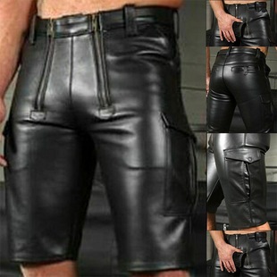 Foreign Trade Men's Leather Pants Cross-border New Explosions wish Amazon Hot Selling European and American Solid Color PU Casual Men's Short Leather Pants