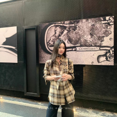 Xzichic英伦风格纹衬衫秋季新款面料长袖衬衣飘带上衣女