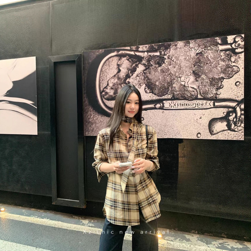 Xzichic英伦风格纹衬衫秋季新款面料长袖衬衣飘带上衣女|undefined