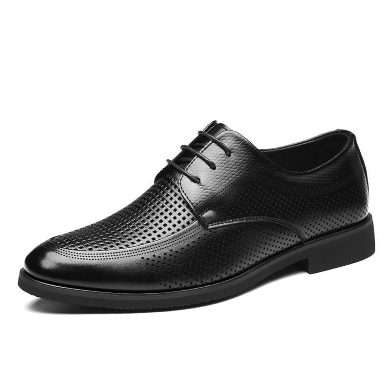 Giày da nam công sở mũi nhọn khoét lỗ thoáng khí, buộc dây, phong cách Anh — Màu trà bốn mùa, Màu trà khoét rỗng, Đen bốn mùa, Đen khoét rỗng