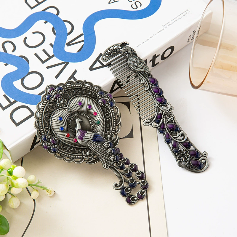 Зеркало для макияжа прямая ручка металлическое маленькое зеркало Павлин зеркало Ретро портативная ручка зеркало расческа костюм подарок оптом