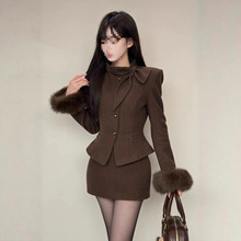 新款韩系气质名媛风毛呢套装毛袖拼接单排扣外套高腰包臀裙两件套