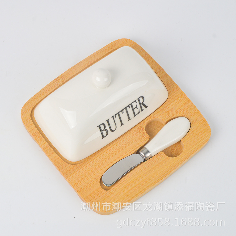 Caja de mantequilla de cerámica de explosión transfronteriza caja de queso doméstica de gran capacidad tazón de mantequilla con cuchillo cubierta de madera de bambú