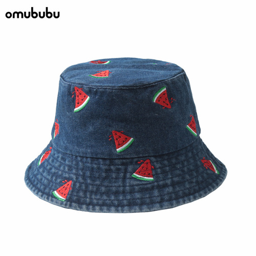 Watermelon Embroidered Denim Fisherman Hat for Men Wide Brim Sunshade Fashion Versatile Face-Smaller Fisherman Hat for Women Sun Protection Hat