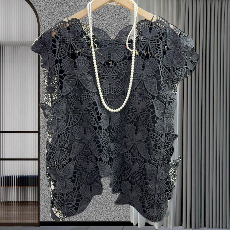 Fashion Hollow Water Soluble Lace Shirt Loose Blouse Vest Fashion Jacket Split Vest Women's 2024 Xia Xin
