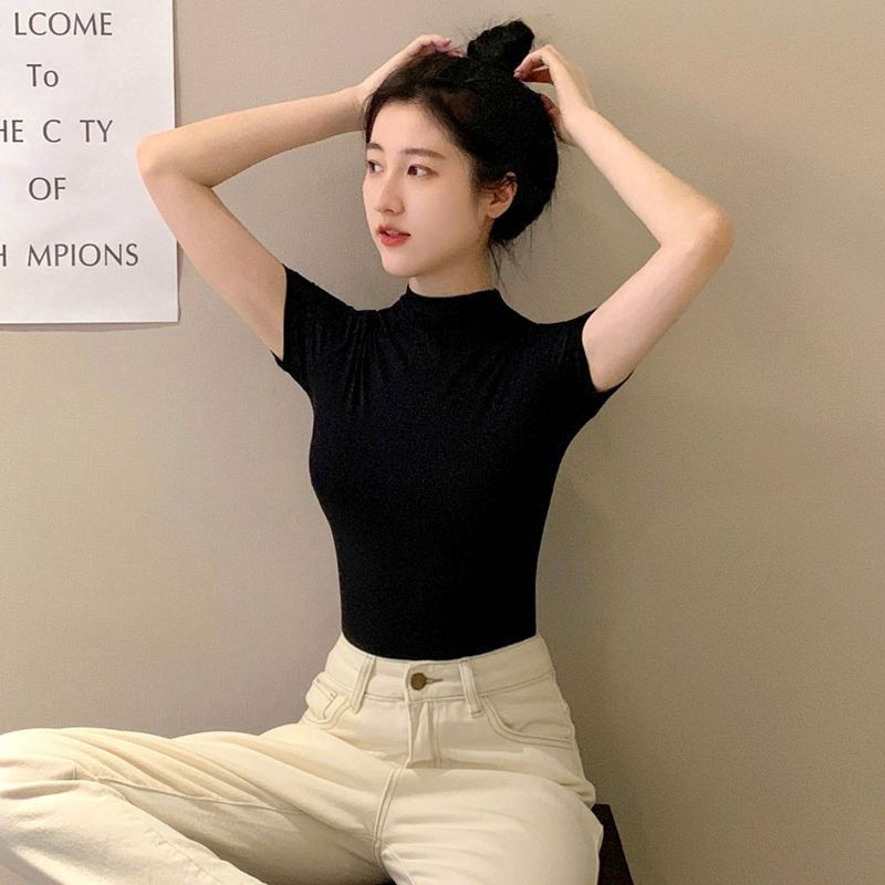 螺纹半高领短袖t恤女紧身体桖打底衫冰丝针织棉修身上衣春夏半袖