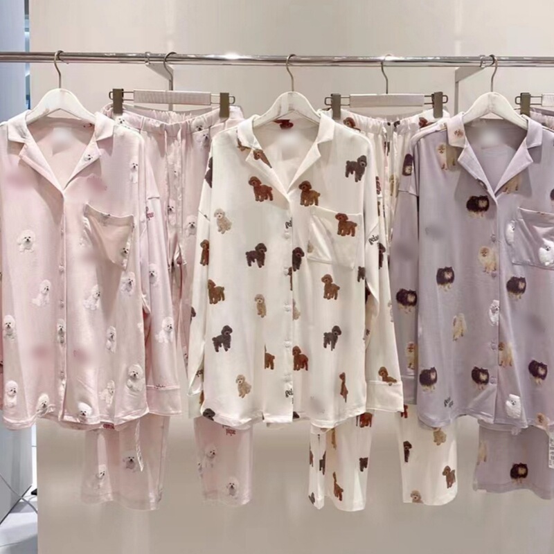 Unbranded soft pajamas with ice cream cartoon teddy bear and bichon designs, cute long-sleeved and long-pant home wear pajamas