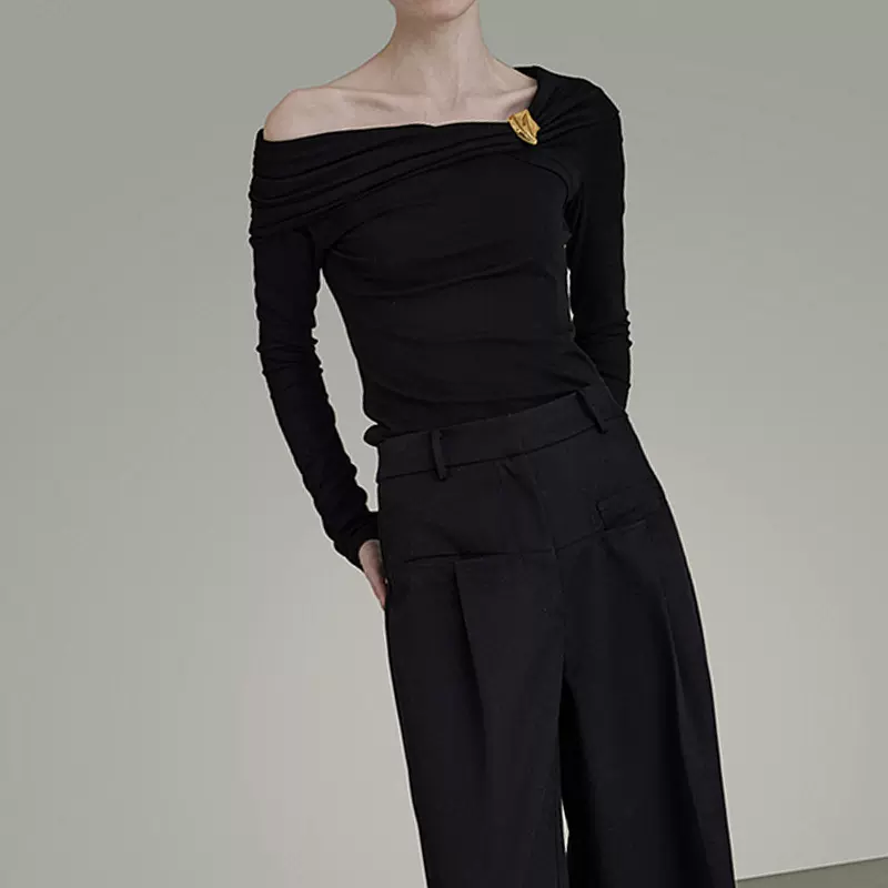 现货UNSPO针织衫女设计感露肩小众百搭修身法式气质感显瘦上衣