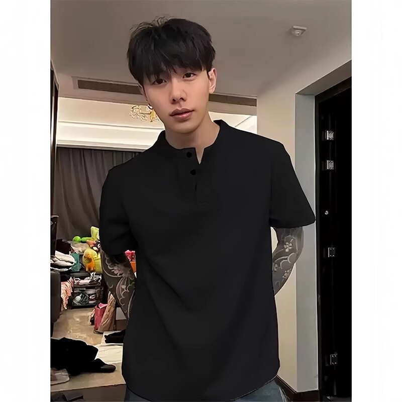 Binzi's Same Style Henry Collar Short-Sleeved Men's Summer Black Waffle Slim Right Shoulder T-Shirt American Handsome Half-Sleeved