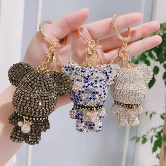 Handmade diy Fluid Bear Princess Bear Big Head Bear Keychain White Embryo Diamond Frosted Glossy Bag Pendant Wholesale
