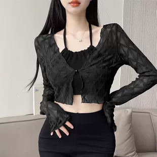 Короткий кружевной кардиган (женский) тонкий с длинным рукавом, летний шраг