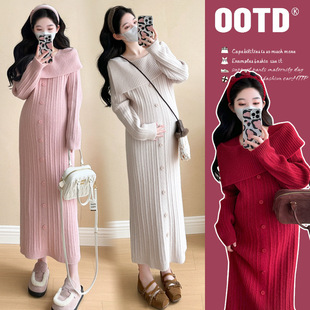 Pregnant Women Autumn and Winter New Gentle Lazy Style Design Sense Hot Mom One-Collar Stylish Fashion Knitted Sweater dress