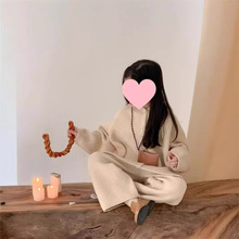 女童针织套装秋冬新款洋气毛衣连帽外套直筒长裤宝宝加厚两件套潮