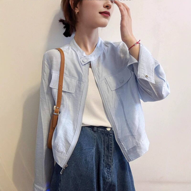 Early Spring Commuter Style Short Jacket for Women, Loose and Versatile Sun Protection Clothing, Small Size Stand-Up Collar Zipper Jacket, Slimming Top