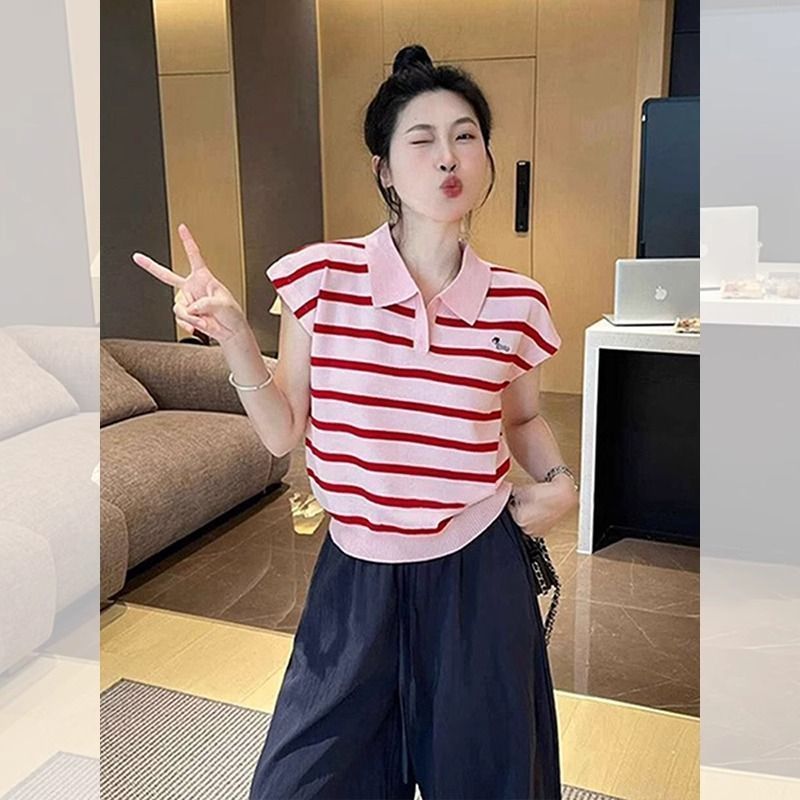 灰色polo衫冰丝针织短袖t恤女夏季修身设计感刺绣正肩小飞袖上衣|undefined
