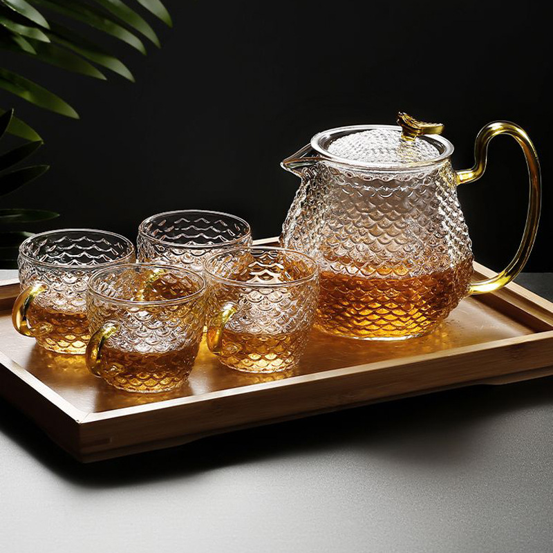 Caja de regalo de té de vidrio de borosilicato hogar traje tetera de flores de vidrio patrón de martillo japonés filtro separador de té