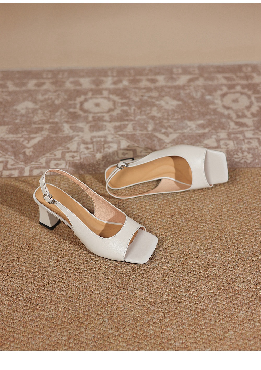 Sandal cao gót nữ mũi vuông hở ngón, quai ngang một dây, gót vuông ổn định — màu trắng ngà chi tiết 12