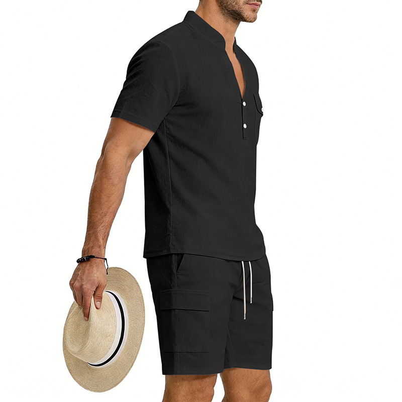 Men's Linen Henley Short Sleeve Shirt & Shorts Set, Breathable Summer Casual Outfit For Outdoor Travel And Daily Relaxation_viptrois.com