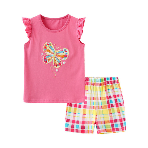 Western-style girls' camisole set summer knitting embroidery children's T-shirt set cartoon round neck children's clothing two-piece set