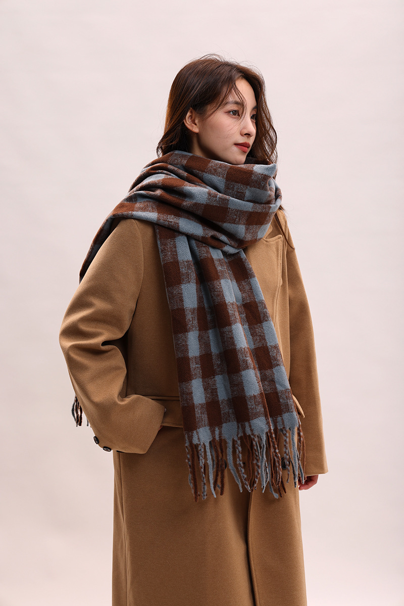 Sciarpa a quadri da donna autunno inverno sensazione avanzata spessa e calda collo frangia versatile studente moda INS_voghion.com