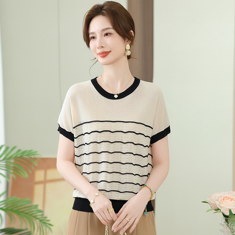 小清新短袖T恤女2025新款夏季韩系宽松小衫条纹休闲百搭正肩上衣，女装T恤，妃慕昵服饰