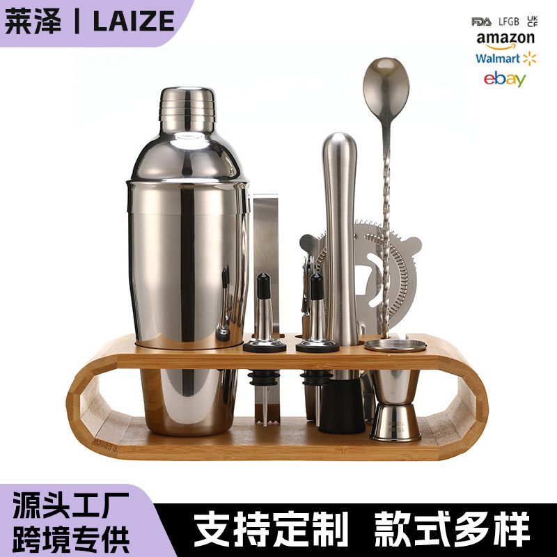 Cross-Border Carefully Selected Stainless Steel Cocktail Mixing 10-Piece Bar Tool Set with Oval Wooden Stand Base 750ml Cocktail Shaker Set