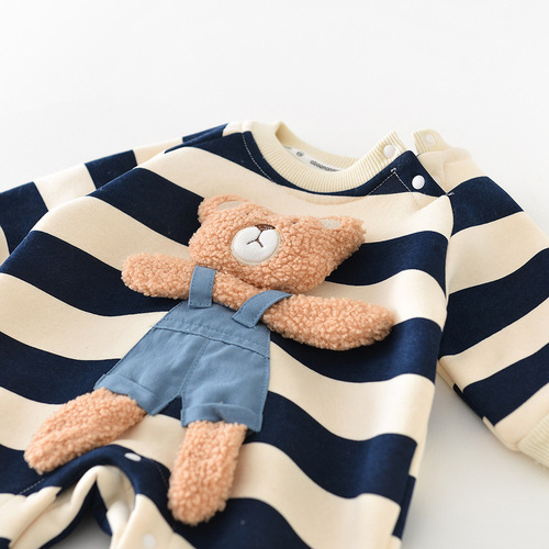 Abaonannan Spring and Autumn Korean version of infant striped fart clothing ins baby fleece thickened bear doll crawling clothing