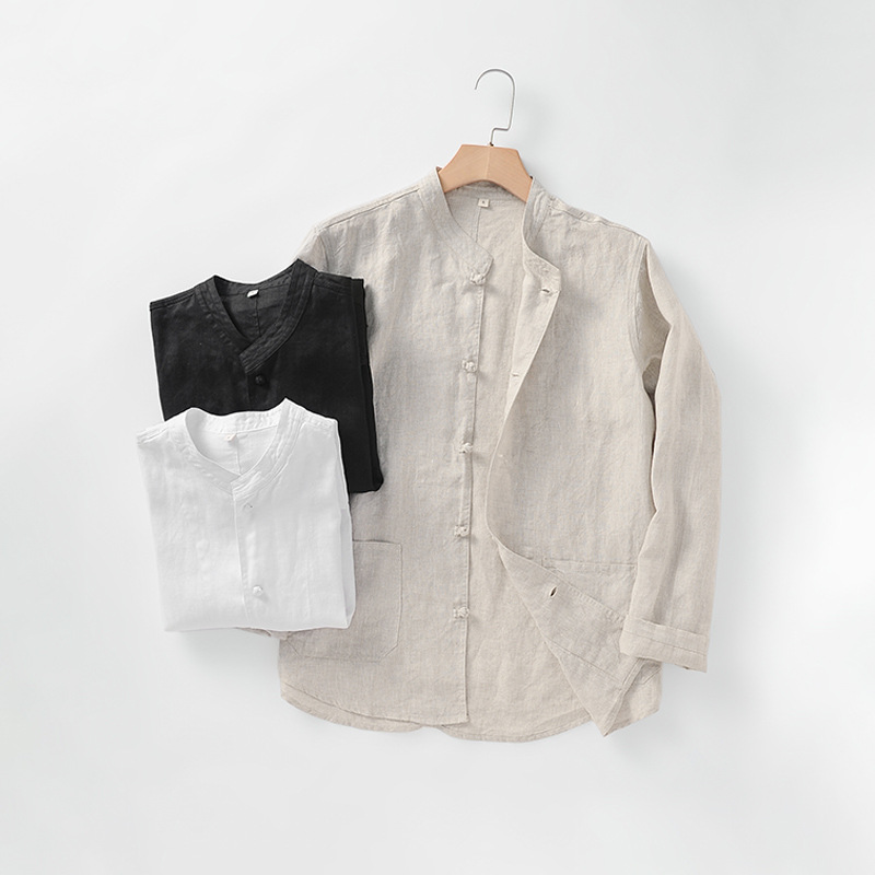 Ropa de lino estilo chino para hombre 2025, camisa de lino con cuello alto estilo chino, cárdigan de lino informal con botones D015