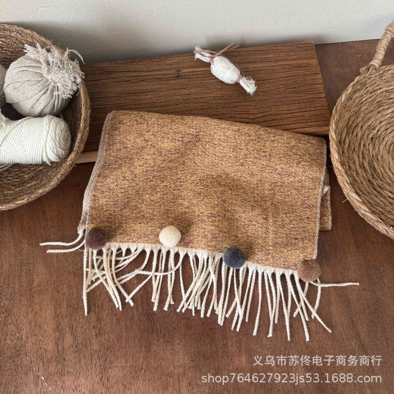 儿童羊绒围巾批发秋冬新款男女童户外保暖针织围脖小毛球纯色围巾|undefined