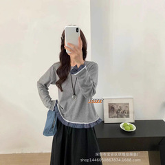 琪镌绘制秋季款韩系格子木耳边拼接长袖t恤女休闲打底衫上衣5727