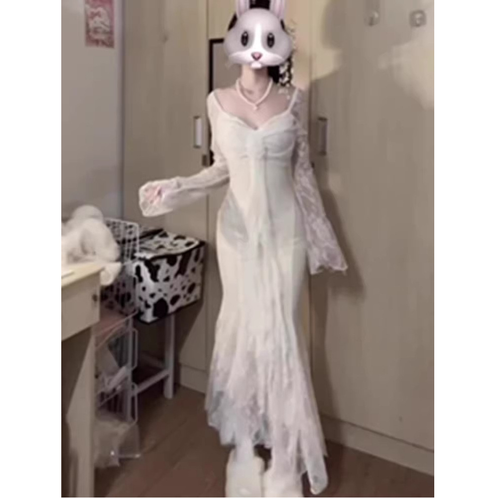 French-Style Three-Dimensional Floral Ribbon Long-Sleeve Dress for Women, Pure and Sensual Lace Waist-Slimming Mermaid Long Dress