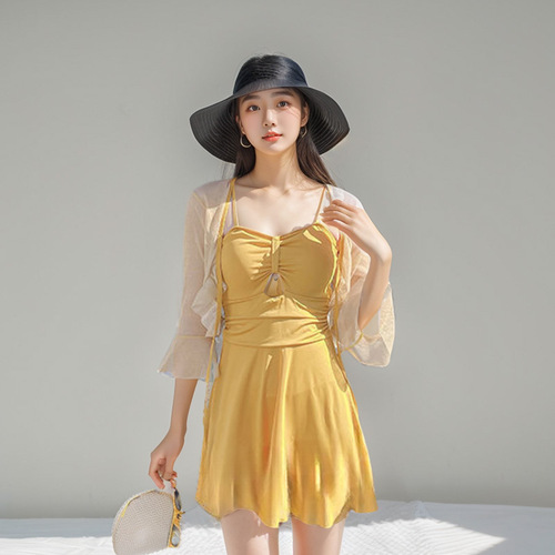 Women's One-piece Swimsuit with Pure Desire Style, Conservative with Covering Shirt, Concealing and Slimming Long Sleeve Conservative Vacation Swimsuit