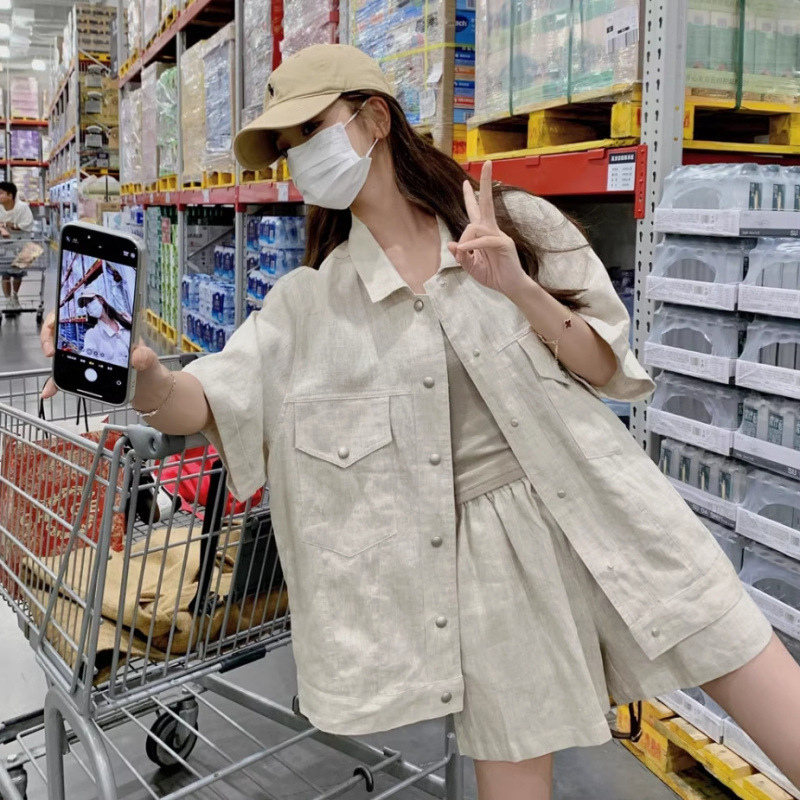 韓国風レイジースタイルワークトップとショーツのツーピースセット女性用夏の新しいスタイルの年齢を減らし、スリムで小さなカジュアルスーツ|undefined
