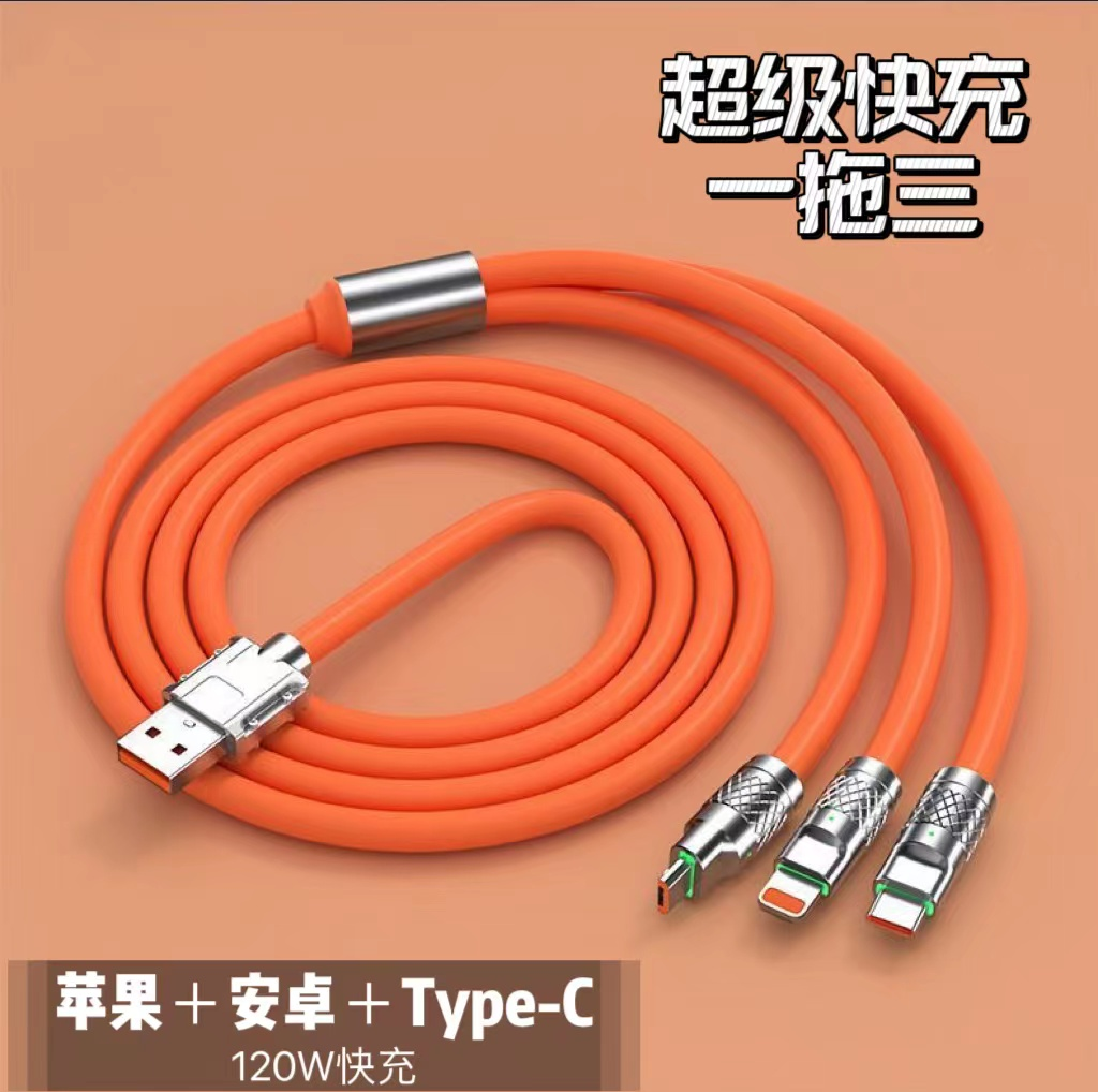 120W de aleación de zinc uno-a-tres cable de datos super rápido cable de carga para Huawei Apple Android fábrica al por mayor
