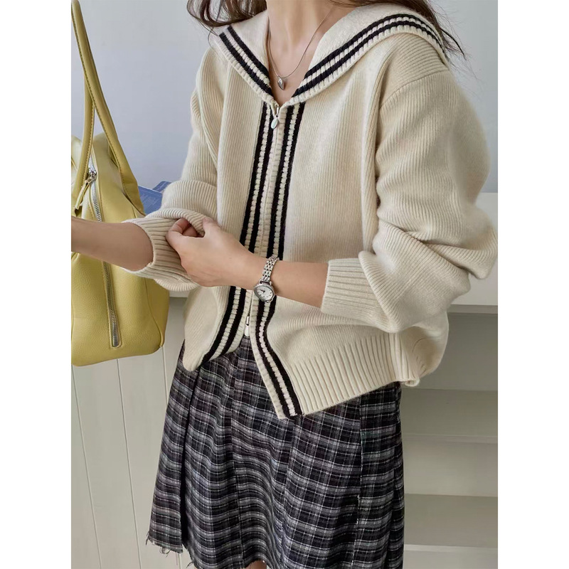 Autumn New Youthful Preppy Style Navy Collar Double Vertical Stripes Knitwear Loose and Versatile Cardigan Jacket Zez