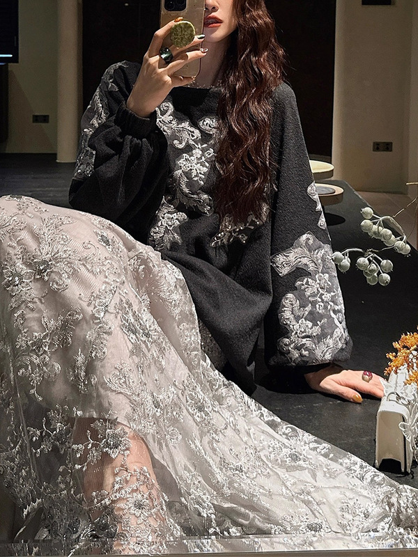 【簪上雪】手工贴花金银丝珠绣连衣裙|undefined
